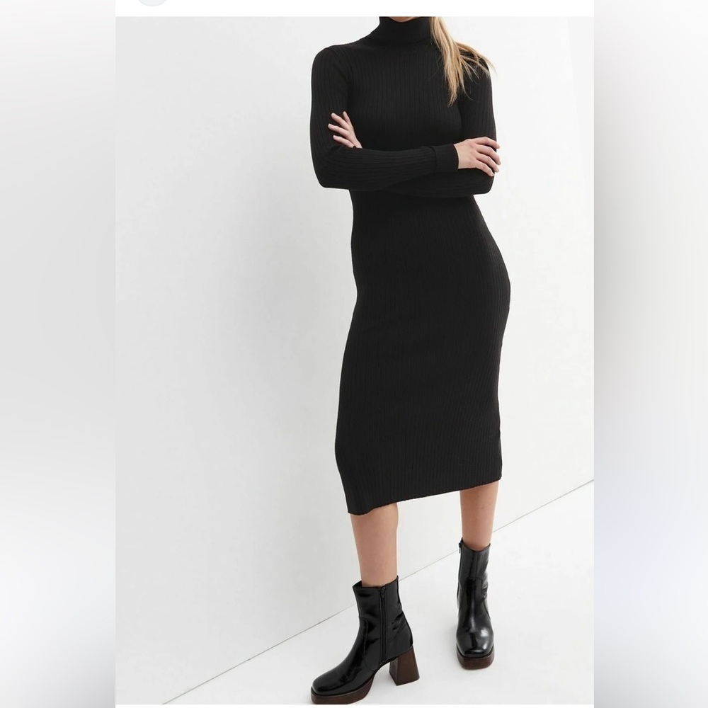 H&M Ribbed Elegant Black Turtleneck Midi Dress